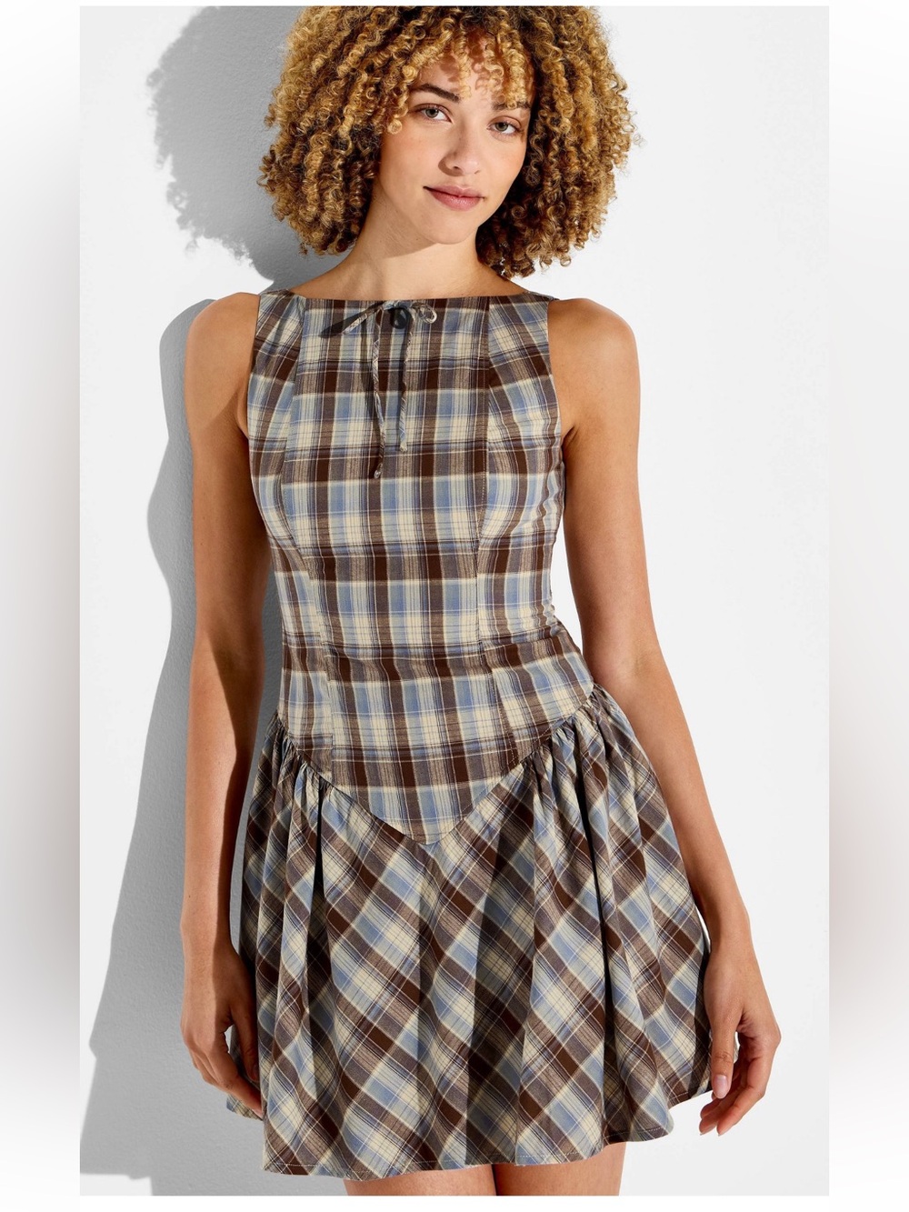 wild fable Brown and Blue Plaid Sleeveless Fit-and-Flare Dress